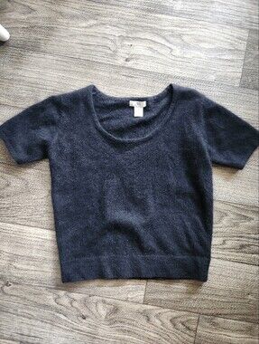Vintage Angora Black Short Sleeve Fuzzy Sweater Knit Top Size M